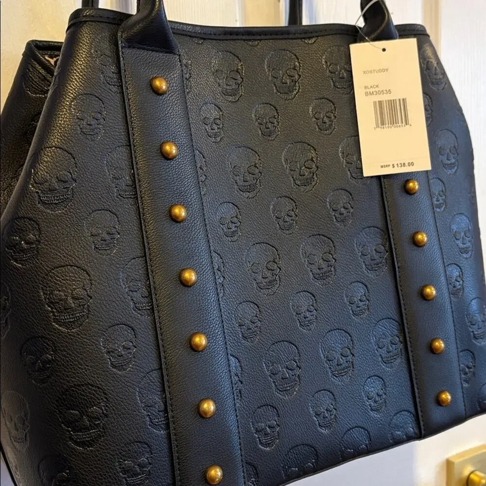 BNWT BETSEY JOHNSON XOSTUDDY Black Skull Embossed Large Tote Bag - Picture 3 of 6
